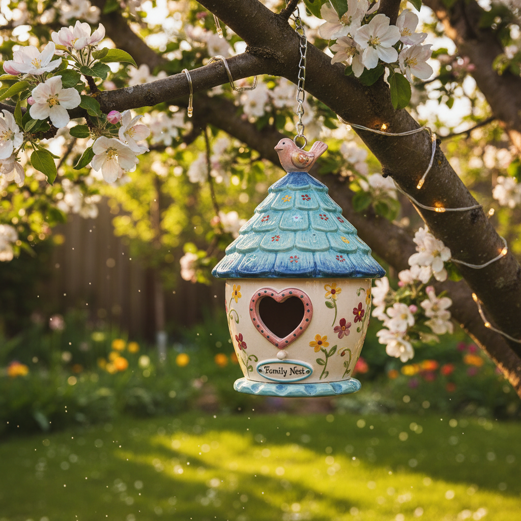 A whimsical, hand-painted ceramic birdhouse with a shingled blue roof and heart-shaped entryway, hung on a blossoming apple tree branch entwined with small twinkle lights in a lush backyard garden. The birdhouse features tiny floral motifs and a miniature nameplate reading “Family Nest.” Spring sunlight dances through the leaves, creating lively specks of light and cheerful shadows on the grass below. The mood is playful and joyful, evoking the idea of family gathering and shared outdoor moments. The composition is shot at a gentle upward angle with a crisp focus on the birdhouse against a subtly blurred natural background. The style is vibrant, clean, and inviting, fitting perfectly with the friendly, communal spirit of a family-oriented site.