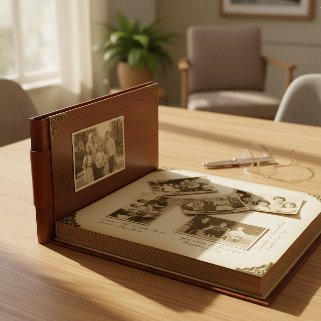 A vintage wooden family photo album resting open on a light oak dining table, with ornate brass corner protectors and textured leather binding. The album pages are thick, creamy parchment, and old, sepia-toned photographs are slightly curled and delicately arranged within hand-written captions. The setting is a cozy, sunlit living room where gentle afternoon light streams through a window, casting soft, warm shadows and highlighting the wood grain of the table. The mood is nostalgic and welcoming, inviting the viewer to reminisce about cherished memories. Captured from an eye-level angle with a shallow depth of field to draw attention to the album's details, the style is photographic realism with a clean, natural aesthetic, perfectly embodying the heart of a family website for sharing memories.