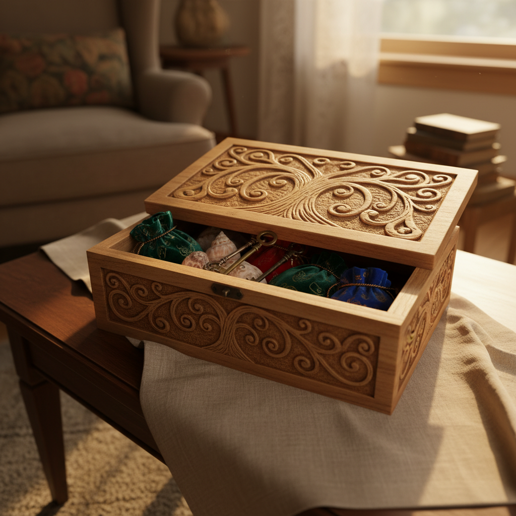 A handcrafted wooden memory box with intricate carvings of trees and hearts, slightly open to reveal a collection of polished seashells, old fashioned keys, and embossed velvet pouches inside. The box sits atop a softly textured linen cloth on a low table in a peaceful, sun-drenched family den. Golden hour sunlight filters softly through a nearby lace-curtained window, casting gentle highlights on the carved lid and creating dreamy, whimsical shadows. The scene feels intimate and sentimental, reminiscent of cherished family heirlooms and shared secrets. Composed at a low, side angle with shallow depth of field that draws attention to the box details, the artistic approach is clean, warm, and subtly modern—supporting the website’s theme of treasured family memories.