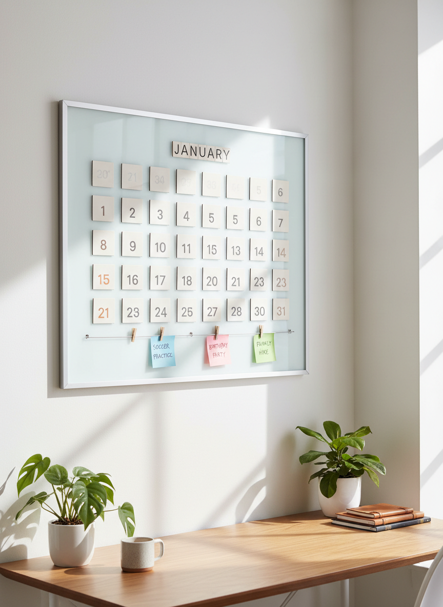A large, wall-mounted perpetual family calendar crafted from smooth frosted glass and delicate brushed metal lines, with magnetic moveable date tiles and colorful, handwritten event notes attached with miniature wooden clothespins. The calendar is positioned in a tidy, sunlit home office with crisp white walls and a few leafy green houseplants nearby. Morning sunlight spills over the surface, creating soft highlights and playful reflections across the glass. The mood is organized and optimistic, suggesting a fresh start to family planning. Captured in a wide-angle, slightly elevated composition to display the entire calendar and its vibrant, interactive details. The image style is modern, clean, and vibrant—ideal for illustrating a family events page.