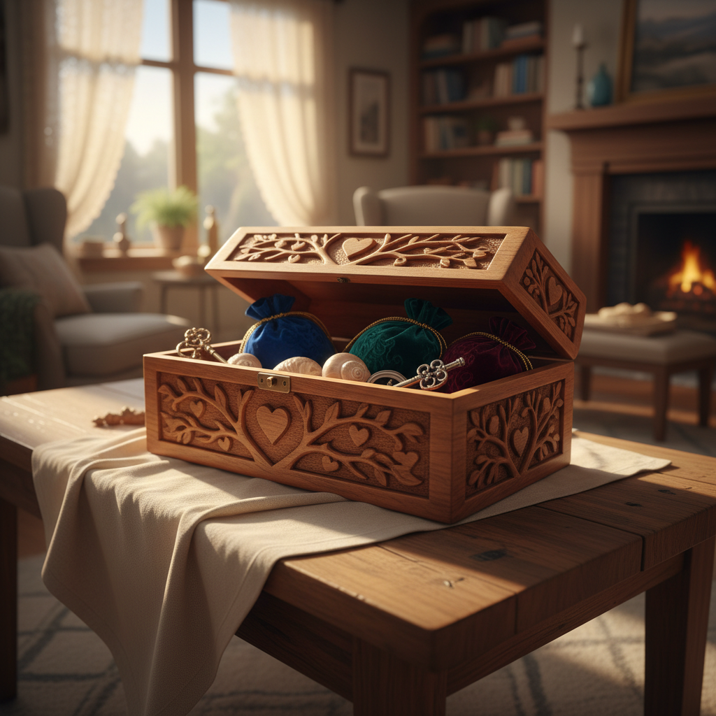 A handcrafted wooden memory box with intricate carvings of trees and hearts, slightly open to reveal a collection of polished seashells, old fashioned keys, and embossed velvet pouches inside. The box sits atop a softly textured linen cloth on a low table in a peaceful, sun-drenched family den. Golden hour sunlight filters softly through a nearby lace-curtained window, casting gentle highlights on the carved lid and creating dreamy, whimsical shadows. The scene feels intimate and sentimental, reminiscent of cherished family heirlooms and shared secrets. Composed at a low, side angle with shallow depth of field that draws attention to the box details, the artistic approach is clean, warm, and subtly modern—supporting the website’s theme of treasured family memories.